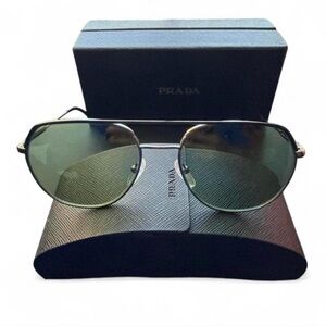 Prada Black/Gunmetal Aviator Sunglasses with Green Lenses 57-18-140 mm